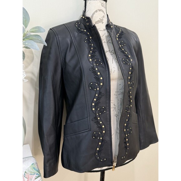 ST. JOHN Black Lamb Leather Gold Studded Embellished Jacket Sz Small Lined - Picture 3 of 13